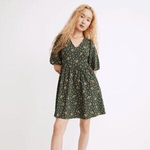 Madewell Poplin V-Neck Bubble-Sleeve Mini Dress in Fresh Sprigs